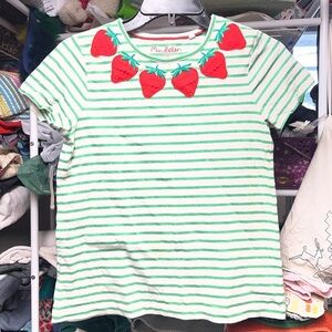 Mini Boden 11-12y Green Striped Tee with Red Strawberry Appliqué